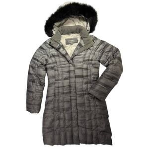 EDDIE BAUER Xtra Small XS Classic Down Puffer Parka Coat Hood Gray Black Pattern